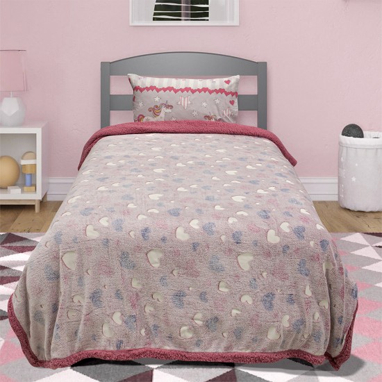 LINO ΚΟΥΒΕΡΤΑ FLEECE SHERPA ΦΩΣΦΟΡΙΖΕ HERZ PINK 160X220