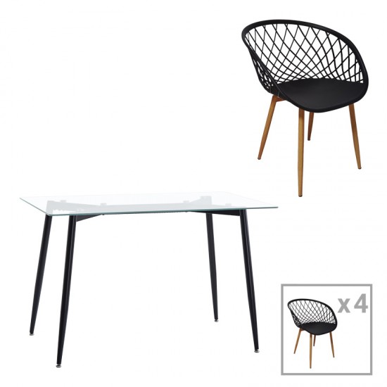 Τραπεζαρία Quana-Ezra pakoworld σετ 5τεμ γυάλινο 8χιλ διάφανο - μαύρο πόδι 120x70x75εκ