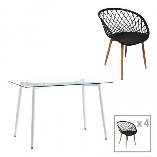 Τραπεζαρία Quana-Ezra pakoworld σετ 5τεμ γυάλινο 8χιλ διάφανο - λευκό πόδι 120x70x75εκ