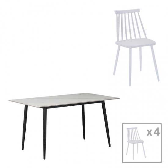 Τραπεζαρία Aurora I-Gustas pakoworld σετ 5τεμ sintered stone-μαύρο-λευκό 120x60x75εκ