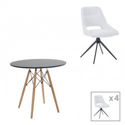 Τραπεζαρία Gustas-Luciano I pakoworld σετ 5τεμ λευκό μαρμάρου sintered stone-μπεζ ύφασμα 120x60x75εκ