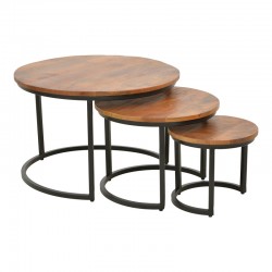 Τραπέζι σαλονιού Frina pakoworld σετ 3τεμ mango ξύλο σε καρυδί απόχρωση με πόδι μαύρο μέταλλο